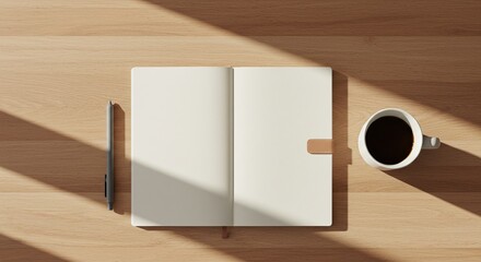 Top-view of an Open notebook with pen and coffee cup casting shadows on wooden surface