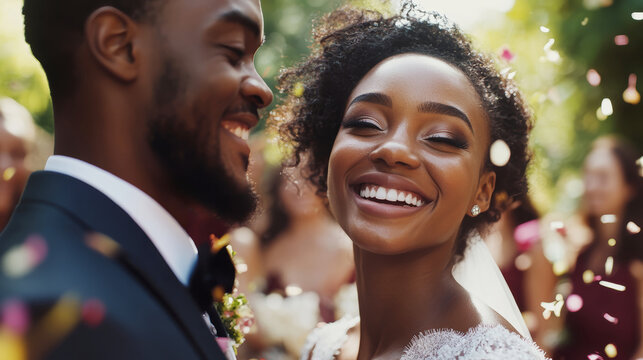 A couple in wedding attire celebrates joyfully outdoors, surrounded by guests and falling confetti - Powered by Adobe