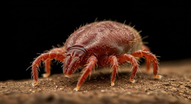 Detailed macro shot of a dust mite on dark background. Ideal for medical, allergy awareness, hygiene, and scientific education concepts