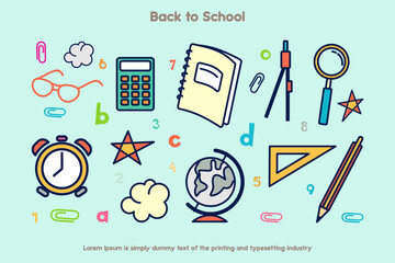 Set of educational vector elements in colored hand drawn style
