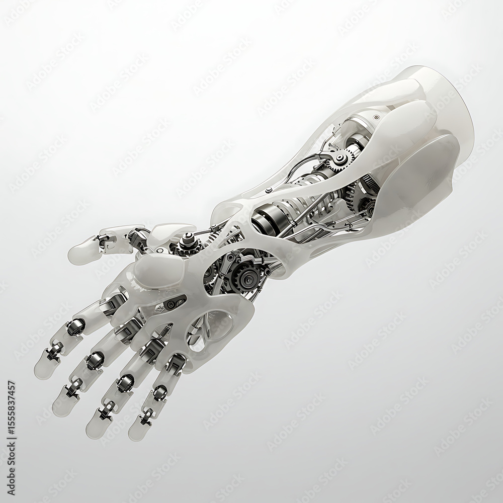 Poster a futuristic prosthetic or robotic arm with a translucent shell revealing intricate internal mechani