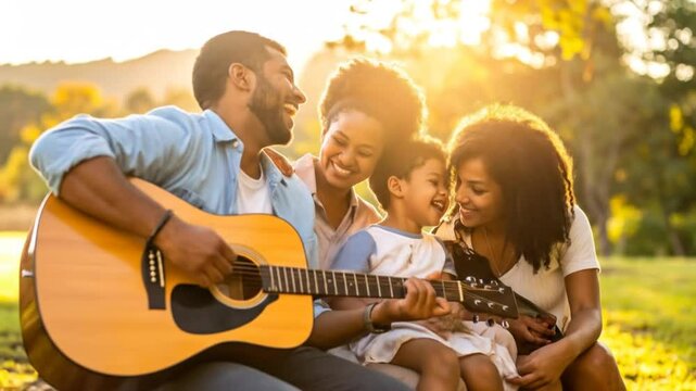 Harmonious moments: A loving family enjoys music and laughter outdoors basking in sunlight