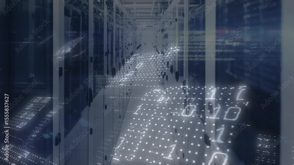 Poster glowing grid materializing on aisle between racks binary digits rising forming panel showing flow