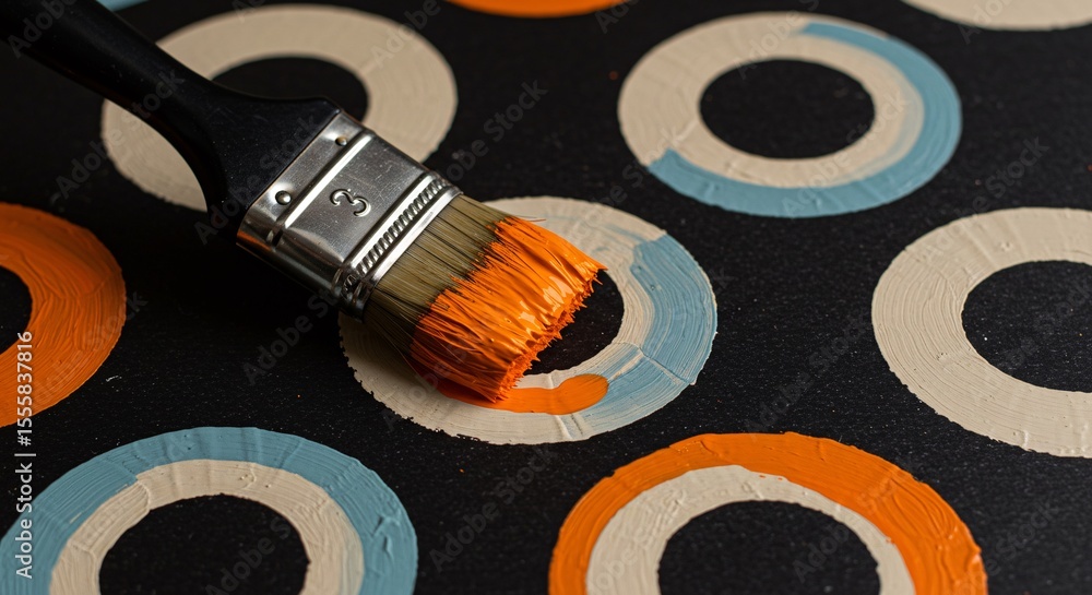 Poster painting concentric circles on black canvas with brush displaying artistic creation