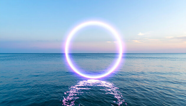 Glowing holographic ring rising above calm water. Portal, transformation theme.