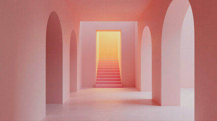 Fototapeta premium Minimalist pink architectural corridor with arched doorways leading to a brightly lit staircase