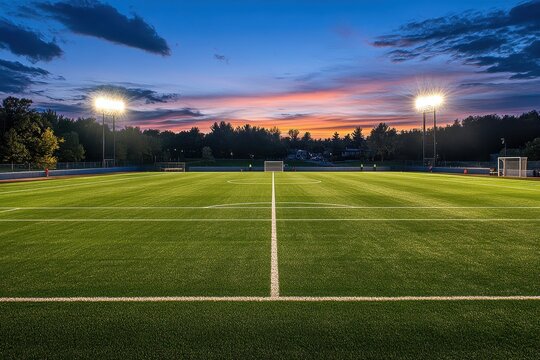 Sunset sky over a vibrant green sports field with bright stadium lights. Illustrates sports, recreation, fitness, teamwork, and outdoor activities.