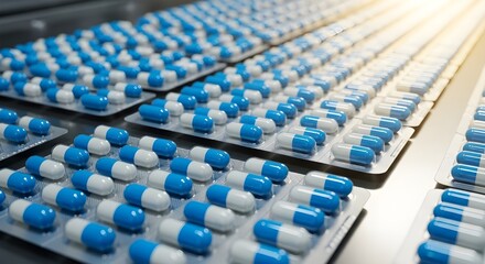 Obraz premium Pharmaceutical Manufacturing Blue Pills Tablets Production Line Quality Control Factory Process