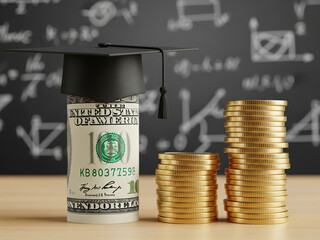 A symbolic image representing financial planning for education, featuring a rolled US dollar banknote wearing a graduation cap.