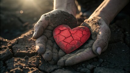 Cracked red heart held in dirty cupped hands against dry earth background image