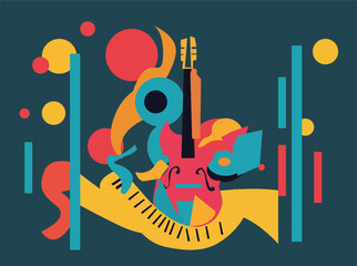 Seamless abstract pattern featuring colorful musical instruments and shapes in a modern flat design style. Includes guitars, trumpets, saxophones, drums, musical notes, and geometric elements in 007 © kharis