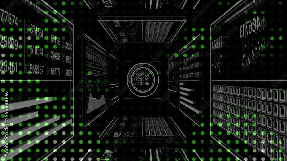 Poster Digital tunnel starting dot grid overlay while data panels, numeric gauge updating for data view