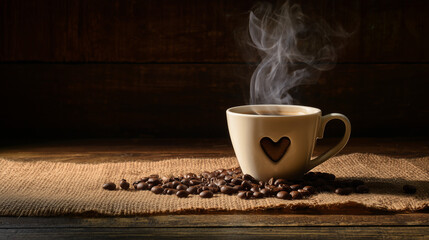 Coffee cup with heart-shaped steam on a wooden table, scattered beans on burlap. Warmth and comfort...