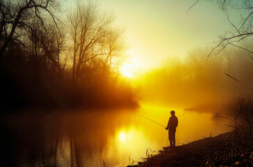 Fisherman casts line into foggy river at dawn with stunning back