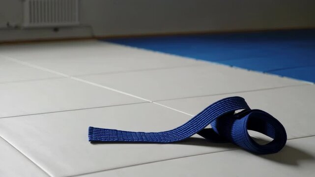 Blue belt rolling on tatami in dojo
