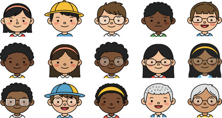 Cartoon portraits of diverse children and teenagers.