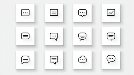 Grid-like arrangement of twelve square icons on light gray background with subtle shadows, featuring minimalist black-line speech-bubble designs, text lines, dots, checkmarks, and cloud shapes