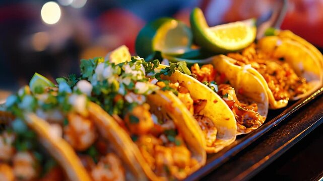 Tacos filled with flavorful shrimp and fresh toppings glow under bright neon lights. Camera pans left to right.
