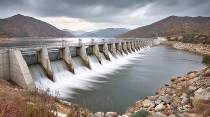 Dam releasing water in a mountainous landscape at dusk
