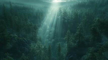 Fototapeta premium Sunlight Filtering Through Misty Green Forest Scenery Landscape Background