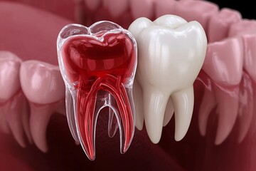 Detailed illustration of a heart-shaped tooth model beside a standard tooth model
