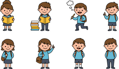 Eight cheerful cartoon schoolchildren in various poses, studying, thinking, and interacting.