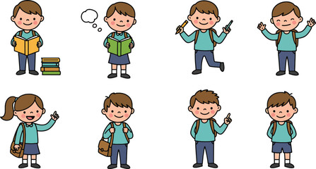 Cute Cartoon School Children Illustrations Diverse Poses and Activities