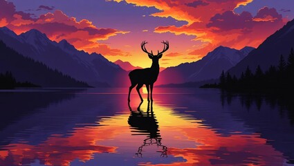 A stunning silhouette of a deer at sunset over a peaceful mountain lake, evoking wilderness, solitude, and nature’s beauty.