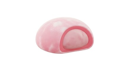 A halved pink mochi reveals a creamy white interior, showcasing its delicate texture and sweet filling.