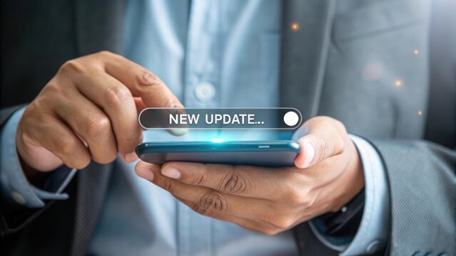 Person s hands holding smartphone displaying new update notification with glowing effect mobile