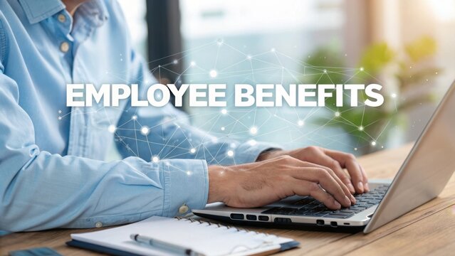 Person typing on laptop with employee benefits text and network graphic hands computer