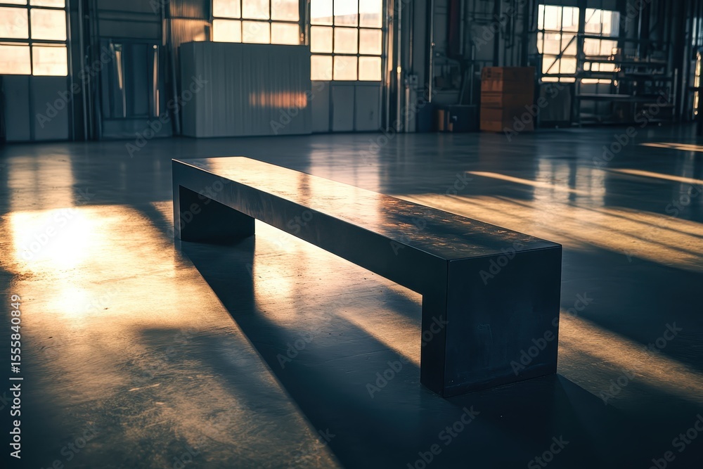 Poster black, modern bench sits on a concrete floor in a large, empty space. use this image to represent mi