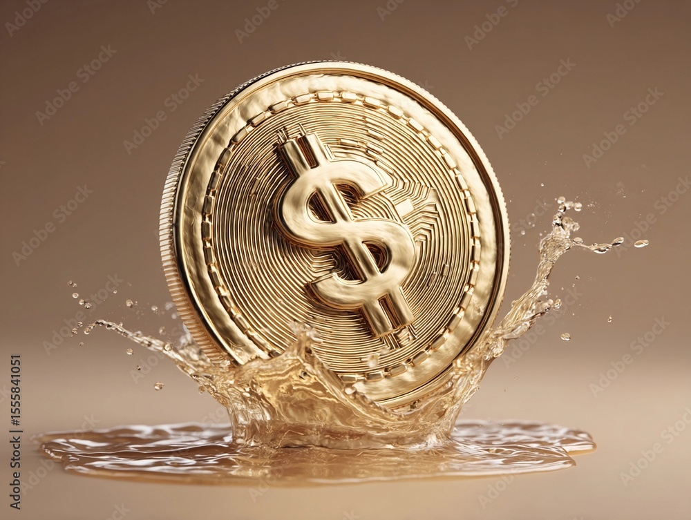 Aufkleber gold coin splashes into water creating ripples and reflecting light at studio setting