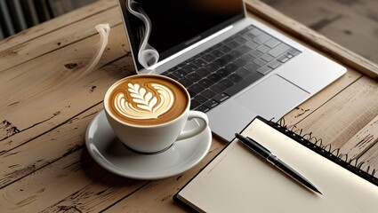A steamy cup of coffee beside a laptop, perfect for productivity, morning routines, and work-from-home lifestyle.