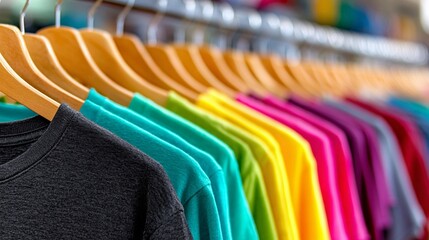 Colorful t-shirts hanging in a row inside a retail store display