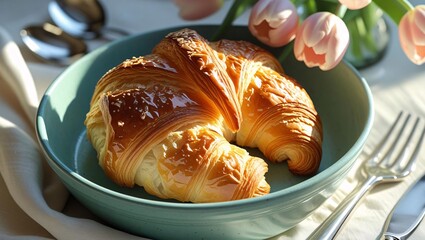 Golden, flaky French croissant on a clean surface with soft light, ideal for bakery, breakfast, and lifestyle food visuals.