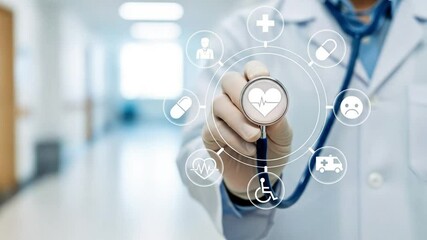A doctor holds a stethoscope, surrounded by digital icons representing various aspects of healthcare - Powered by Adobe