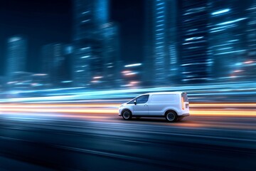 Delivery van moving swiftly through urban streets at night with vibrant light trails