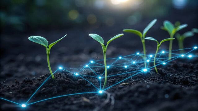 Young green seedlings growing from dark soil with glowing blue network lines plant growth