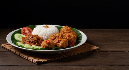 Aromatic Indonesian Rice Dish with Crispy Meatballs, Vibrant Colors and Fresh Veggies