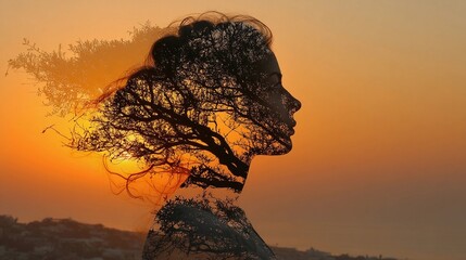 Silhouette of a woman with tree overlay at sunset against a beautiful horizon