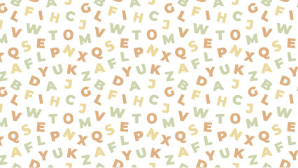 Scattered letters in pastel shades on a white background creating a seamless repeating pattern