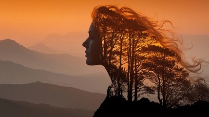 Woman's silhouette blends with trees under a vibrant sunset in a serene landscape