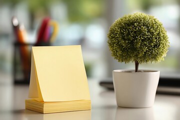 Desk setup with sticky notes and potted plant near office supplies in bright workspace