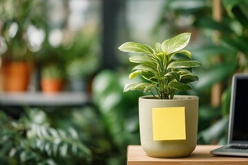Indoor green plant with a blank sticky note beside a laptop in a cozy setting