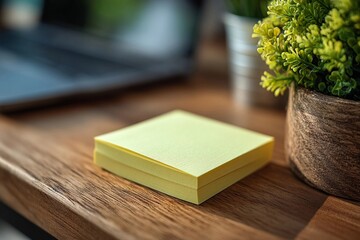 Sticky notes on a wooden desk beside a laptop and a small potted plant in daylight