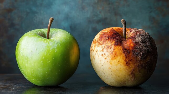 Two apples, one green and healthy, one brown and rotting decay. Use to illustrate concepts like aging, health, comparison, and decline. - Powered by Adobe