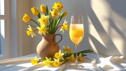 A bright glass of orange juice with daffodil flowers in the background, evoking freshness, springtime, and healthy living.