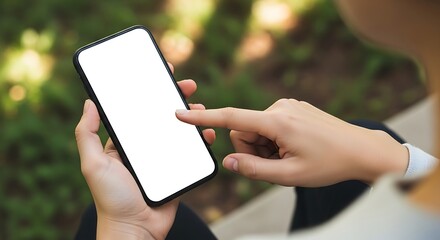 Serene Outdoor Smartphone Use: Close-up of Hands Interacting with Blank Screen, Soft-Focus Green Background