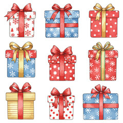 Set of Christmas Gift Boxes with Snowflakes and Festive Patterns